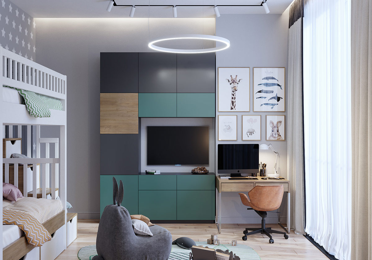 28green-and-grey-kids-room-decor電視周圍的櫥柜已完成了綠色，灰色和木色調(diào)的裝飾，以與房屋的家庭空間中的裝飾形成聯(lián)系.jpg